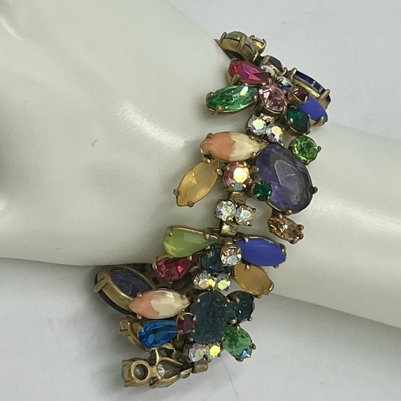 J.Crew Asymmetrical Colorful MultiColor Stone Gold Tone Statement Bracelet 8" - Picture 1 of 16